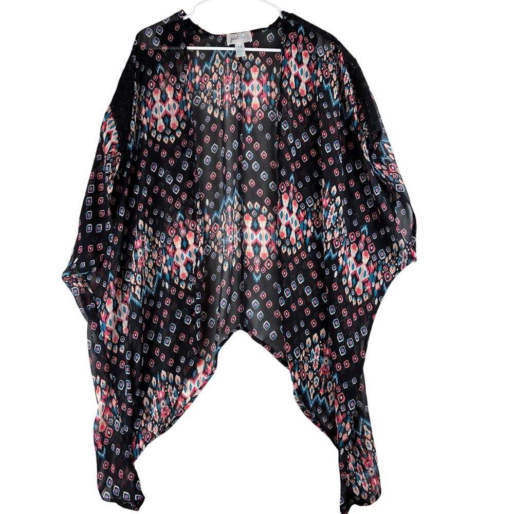 Just Be... Cardigan Shawl Women's 1X Boho Hippi Geometric Motif Multicolor